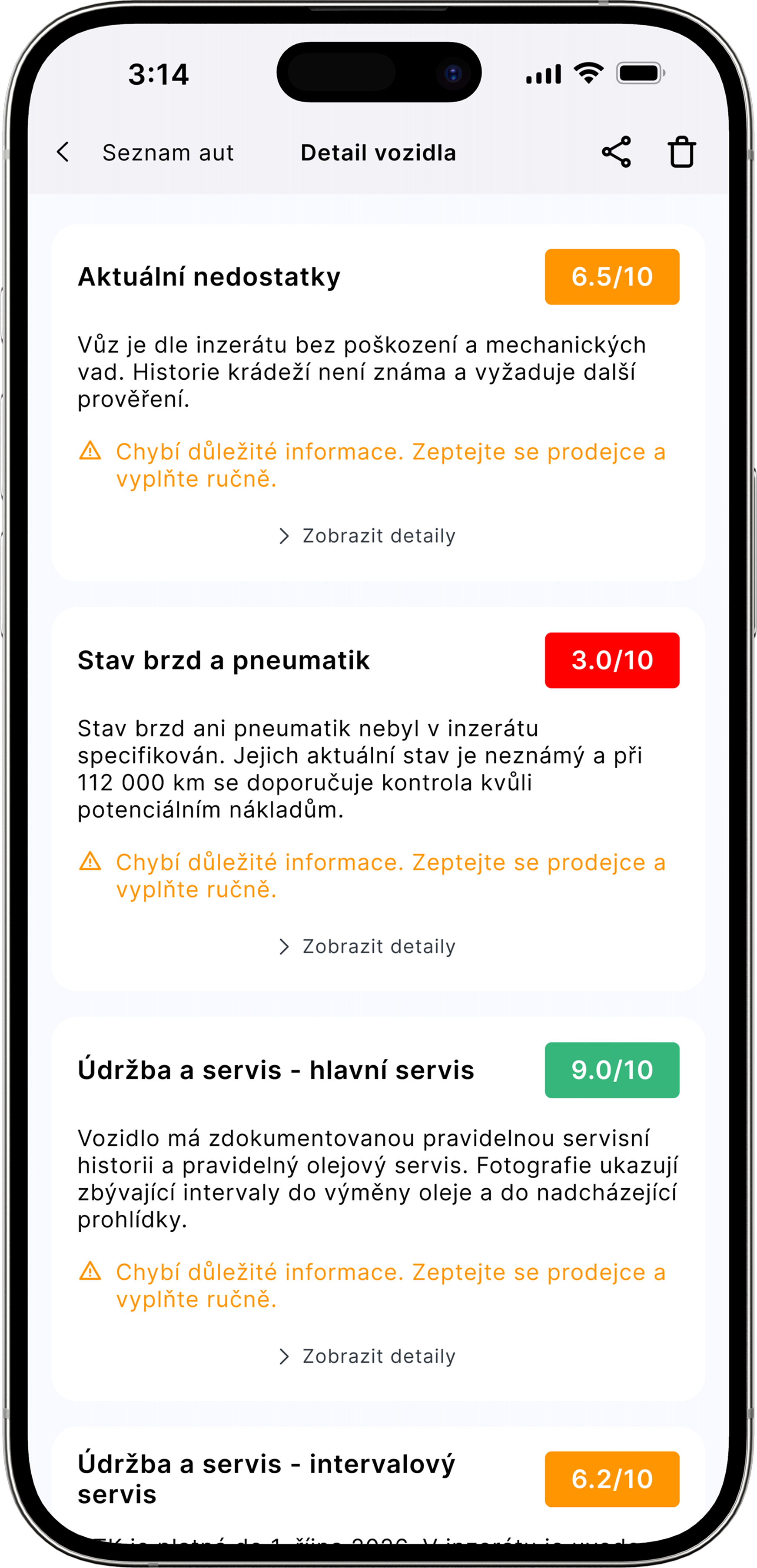 Screenshot aplikace CarScoring
